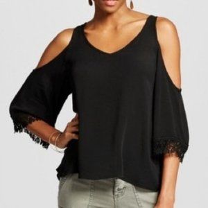 Black Cold Shoulder Crochet Sleeve Top